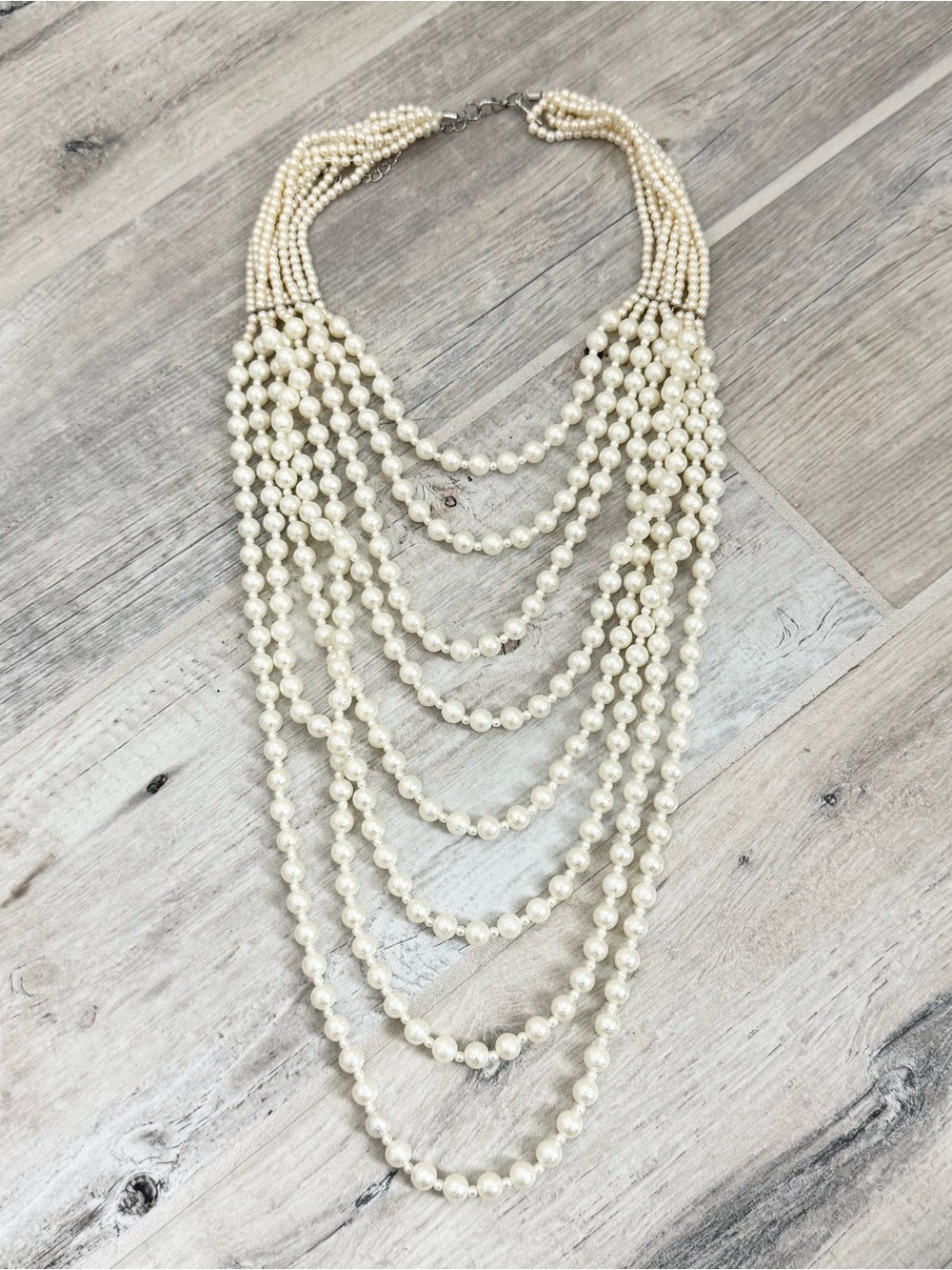 Natasha Faux Pearl Multi Layer White Pearl Long Strand Necklace